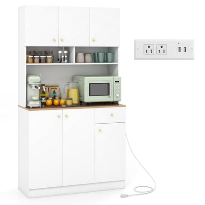 Goflame Kitchen Pantry Cabinet, 71” Tall Buffet Cabinet with Hutch, Built-in Power Outlet