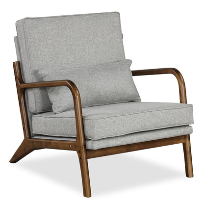 Goflame Mid Century Modern Accent Chair, Upholstered Armchair with Pillow, Rubber Wood Armrests & Legs