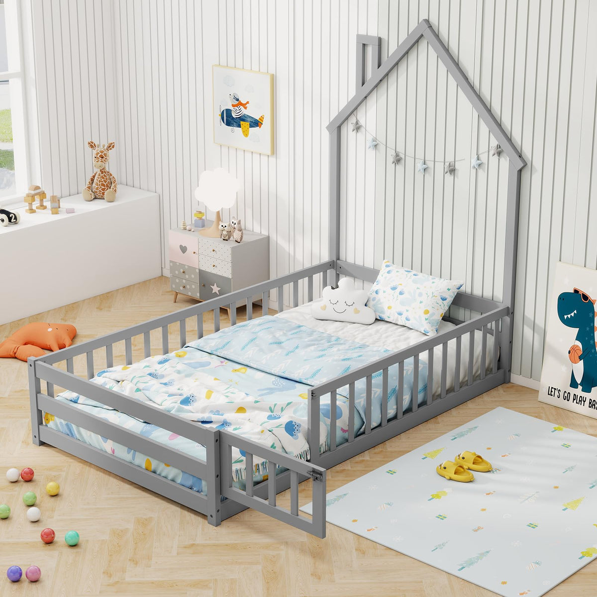 Goflame Twin Floor Bed, House-Shaped Montessori Bed Frame with Headboard, Full-Length Guardrail