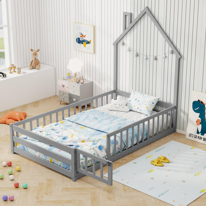 Goflame Twin Floor Bed, House-Shaped Montessori Bed Frame with Headboard, Full-Length Guardrail