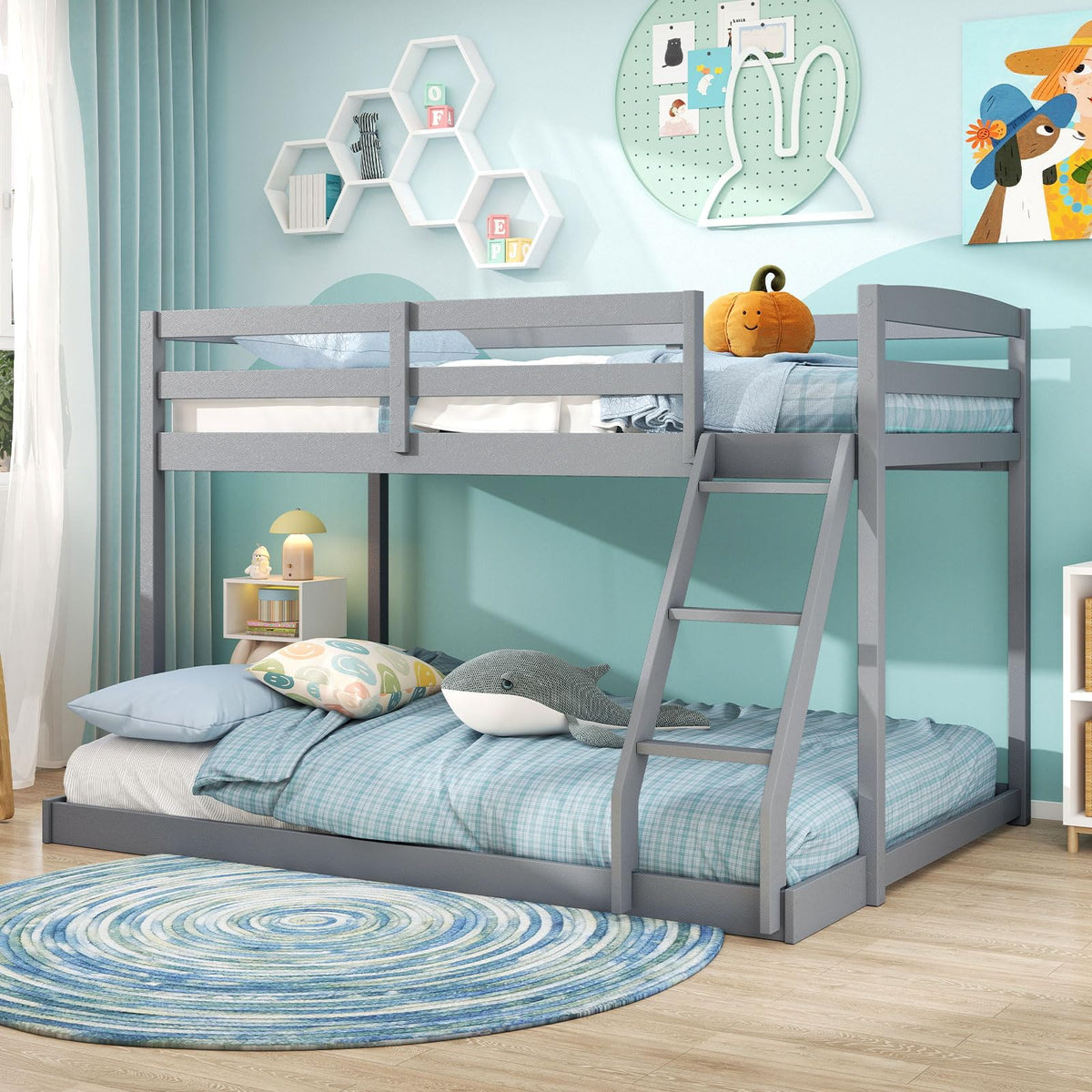 Goflame Twin Over Full Bunk Bed Solid Wood Kids Bunk Bed with Full-Length Guardrails & Ladder