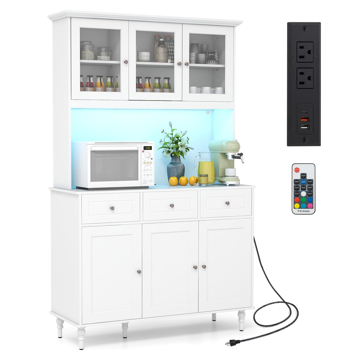 Goflame Pantry Cabinet, 77” Tall Buffet Cabinet with Hutch, LED Lights & Charging Station