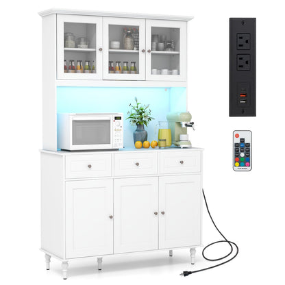 Goflame Pantry Cabinet, 77” Tall Buffet Cabinet with Hutch, LED Lights & Charging Station