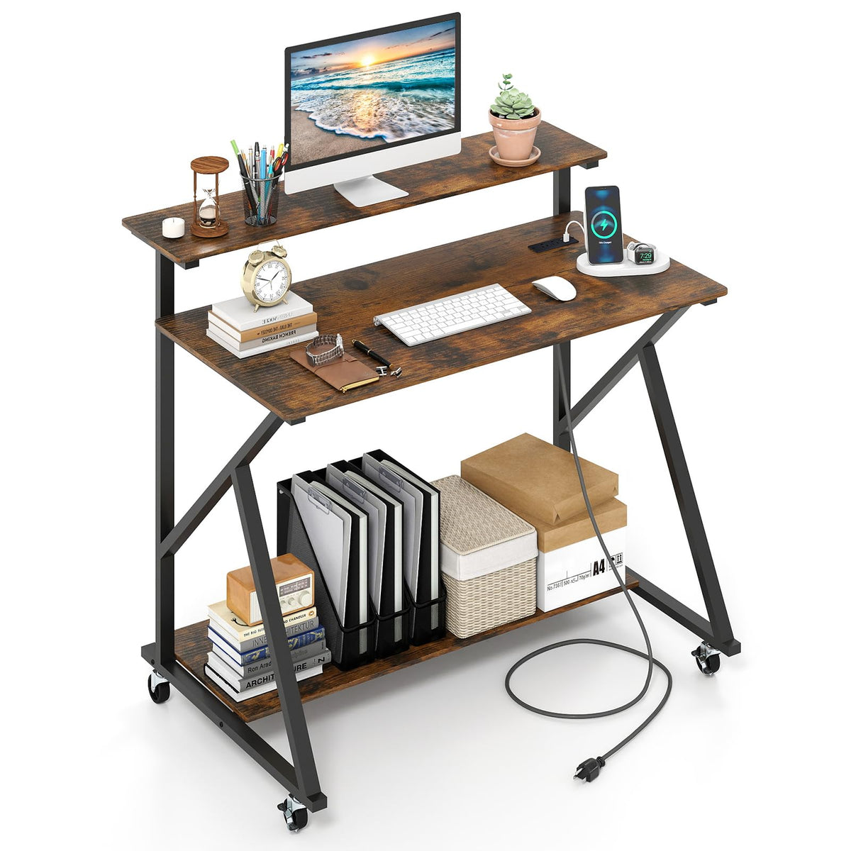 Goflame Rolling Computer Desk with Charging Station