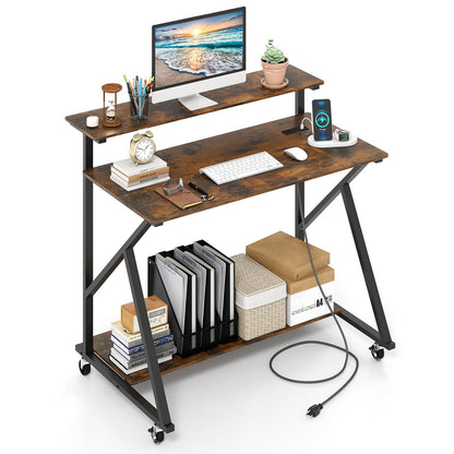Goflame Rolling Computer Desk with Charging Station