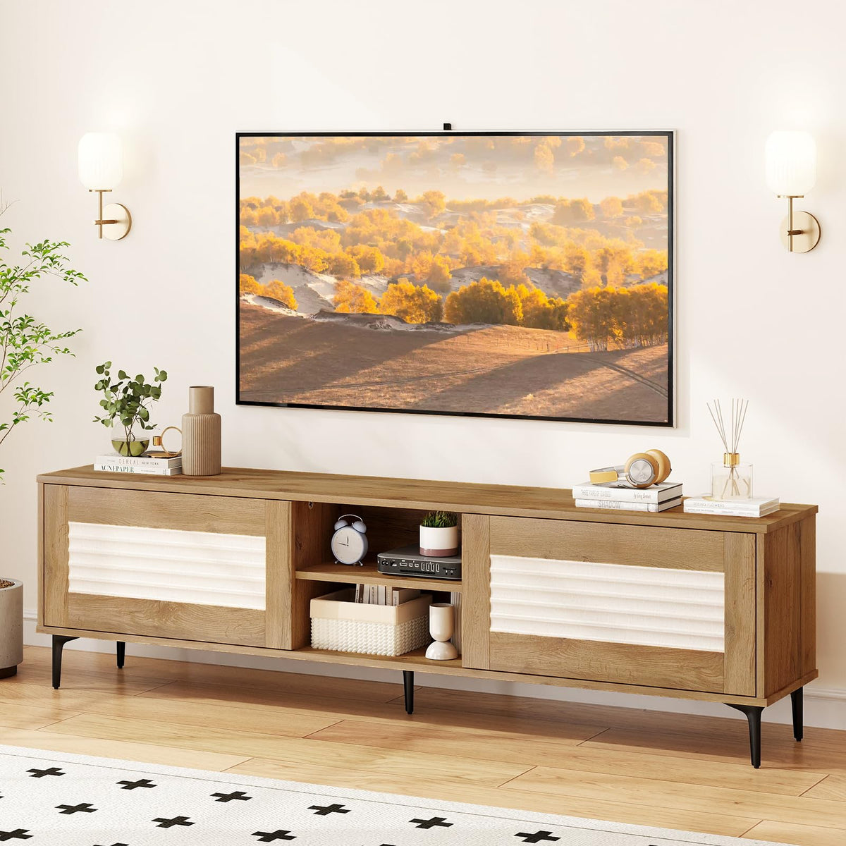 Goflame Mid Century Modern TV Stand for 55-65 Inch TV Waveform Fluted Entertainment Center