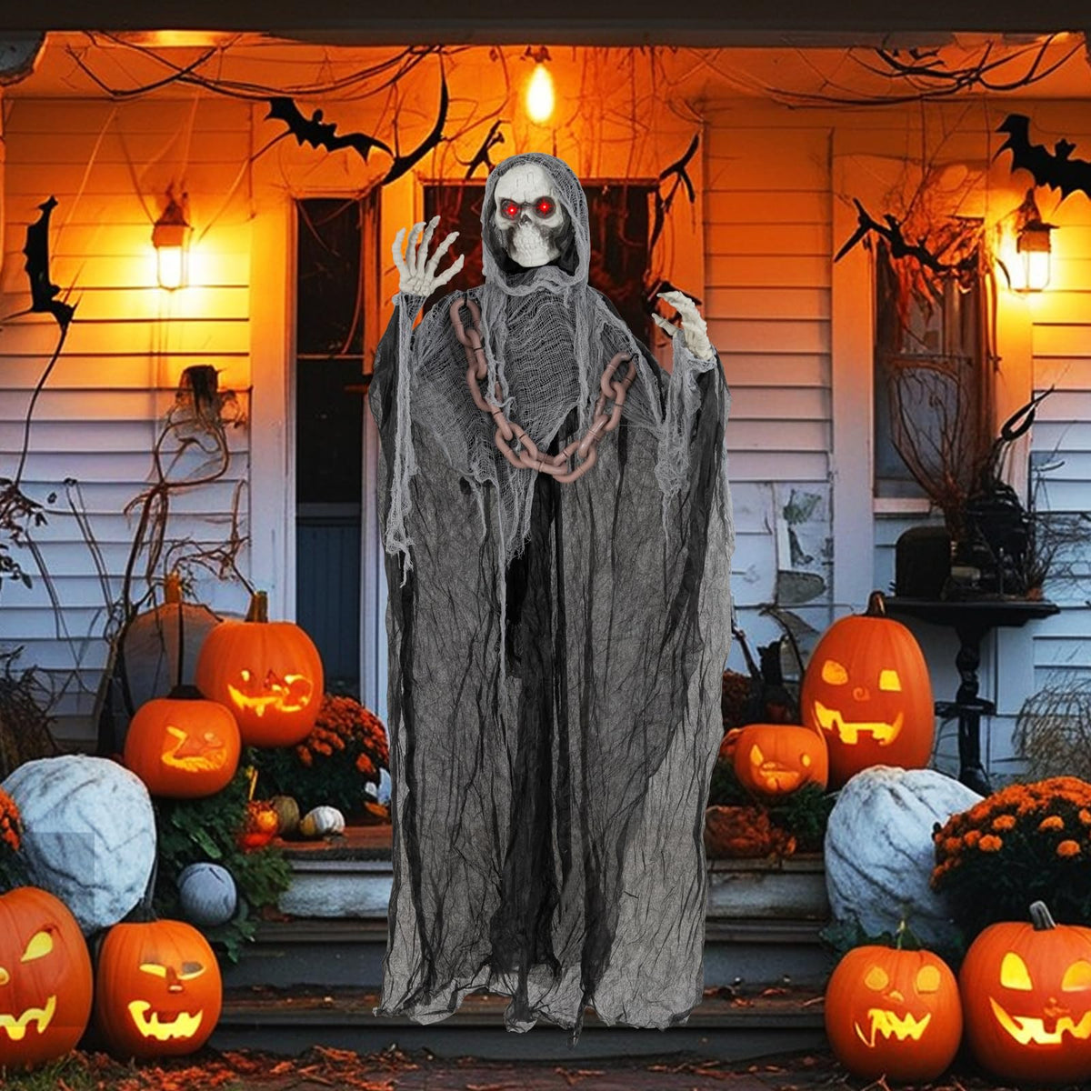Goflame 6.4 FT Halloween Animatronic Standing Grim Reaper, Halloween Decoration with Chain