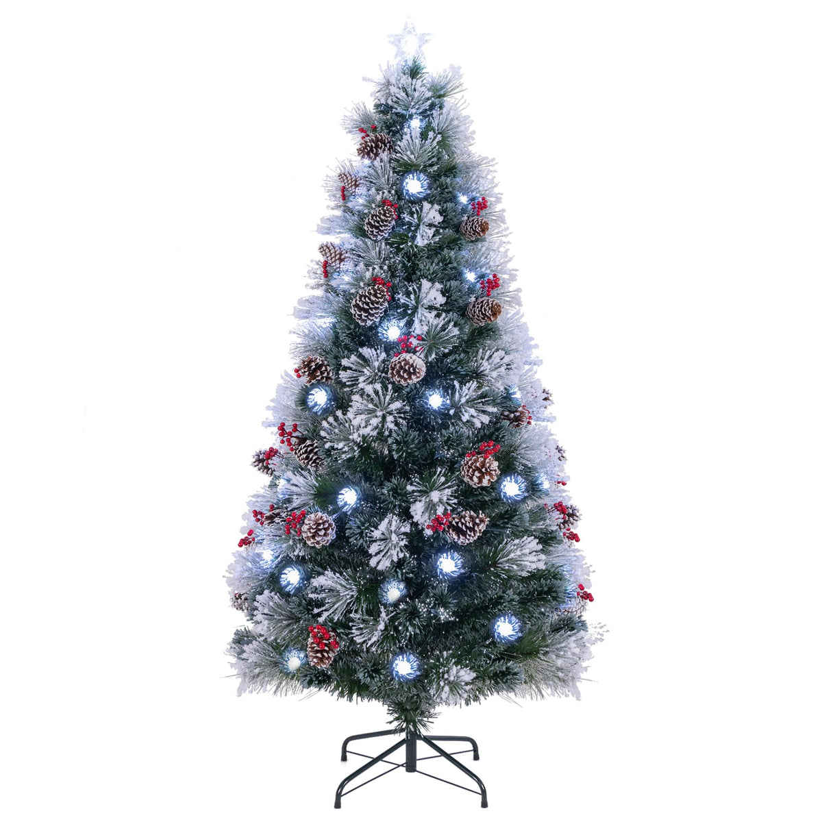 Goflame Pre-lit Fiber Optic Christmas Tree, Artificial Snowy Xmas Tree with 49 Cool White LED Lights