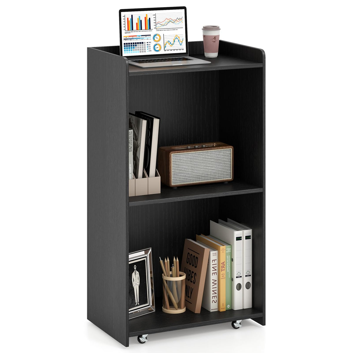 Goflame Portable Podium Stand, Lectern Podium with 2 Storage Shelves, 4 Universal Wheels, Mobile Speaking Podium Hostess Stand Pulpits