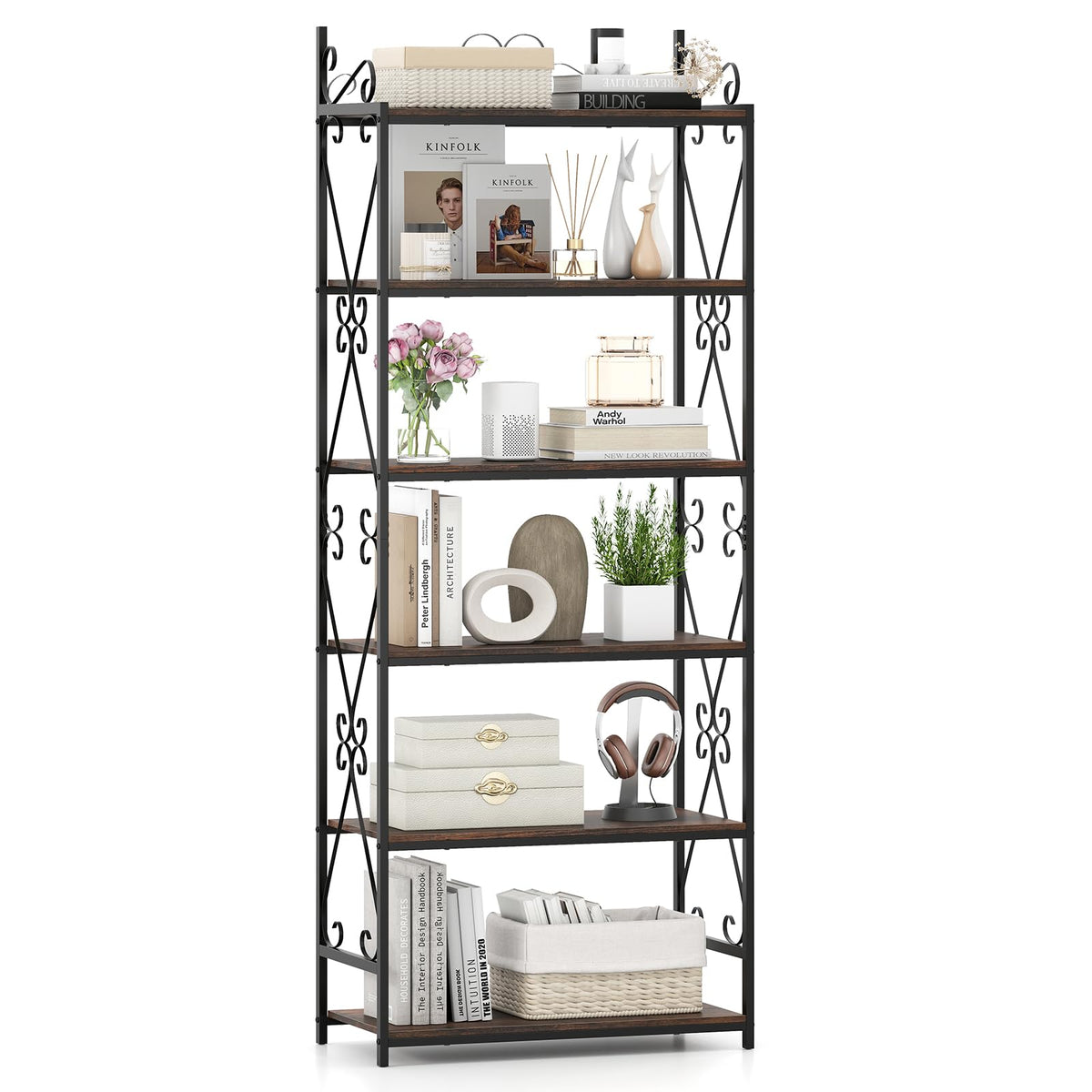 Goflame 6-Tier Bookshelf Industrial Bookcase with 2 Anti-Tipping Kits and Metal Frame