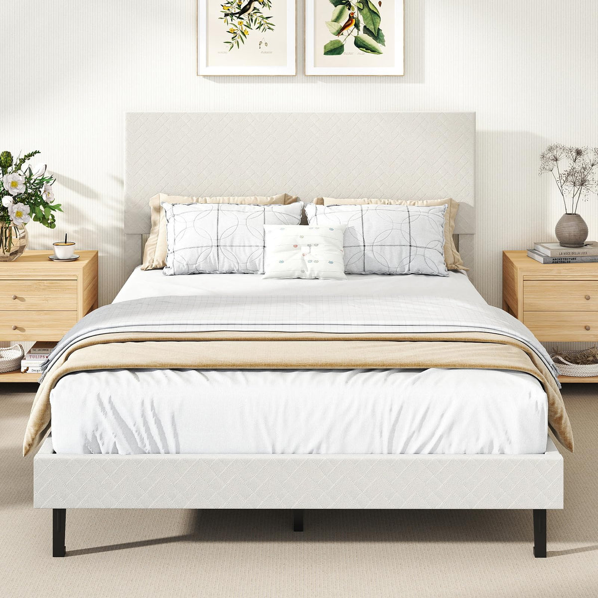 Goflame Bed Frame | Velvet Upholstered Platform Bed w/Height Adjustable Chevron Headboard