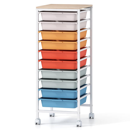 Goflame 10-Drawer Rolling Storage Cart Mobile Utility Organizer with Wooden Tabletop and Lockable Wheels