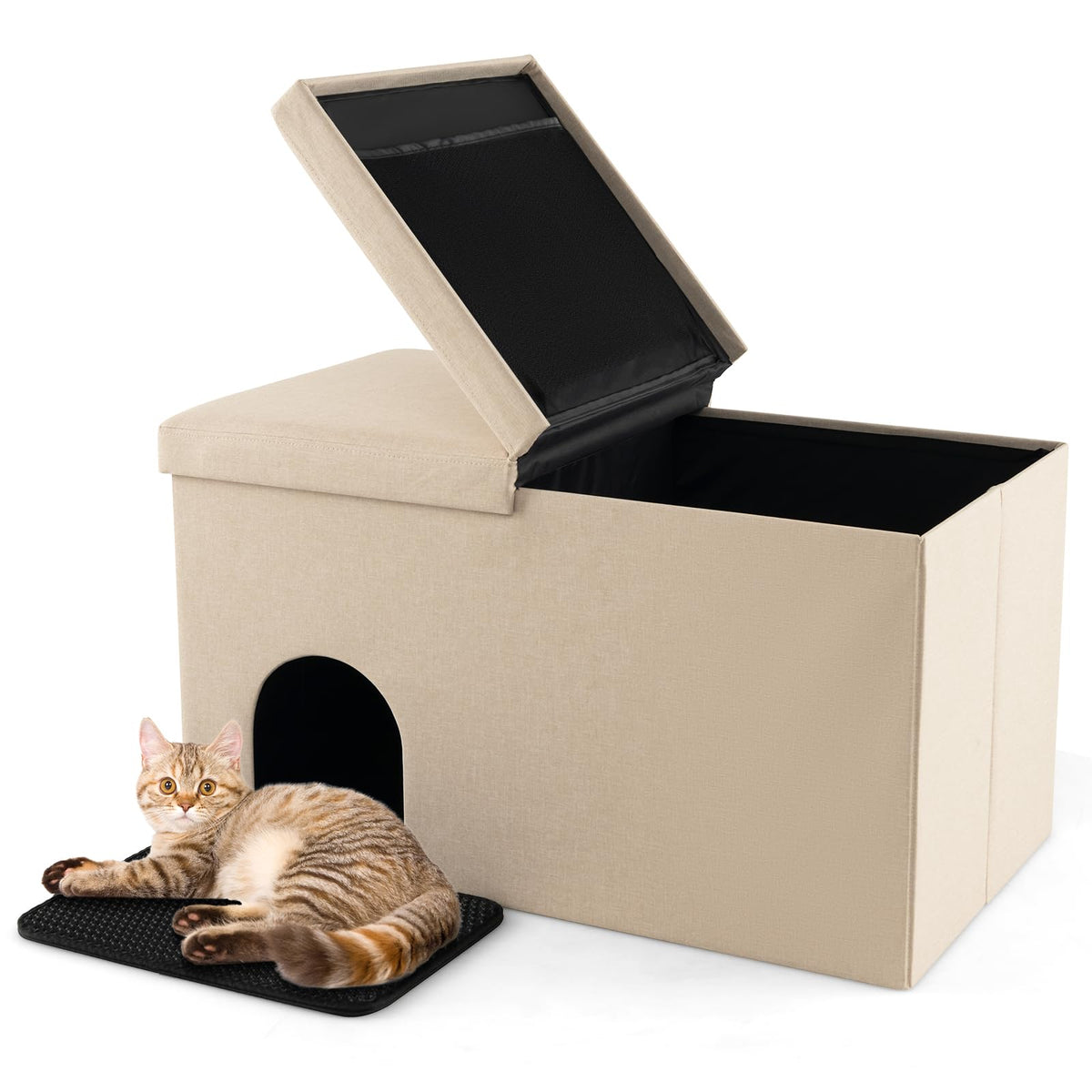 Goflame Cat Litter Box Enclosure - Hidden Cat Litter Box Furniture Ottoman