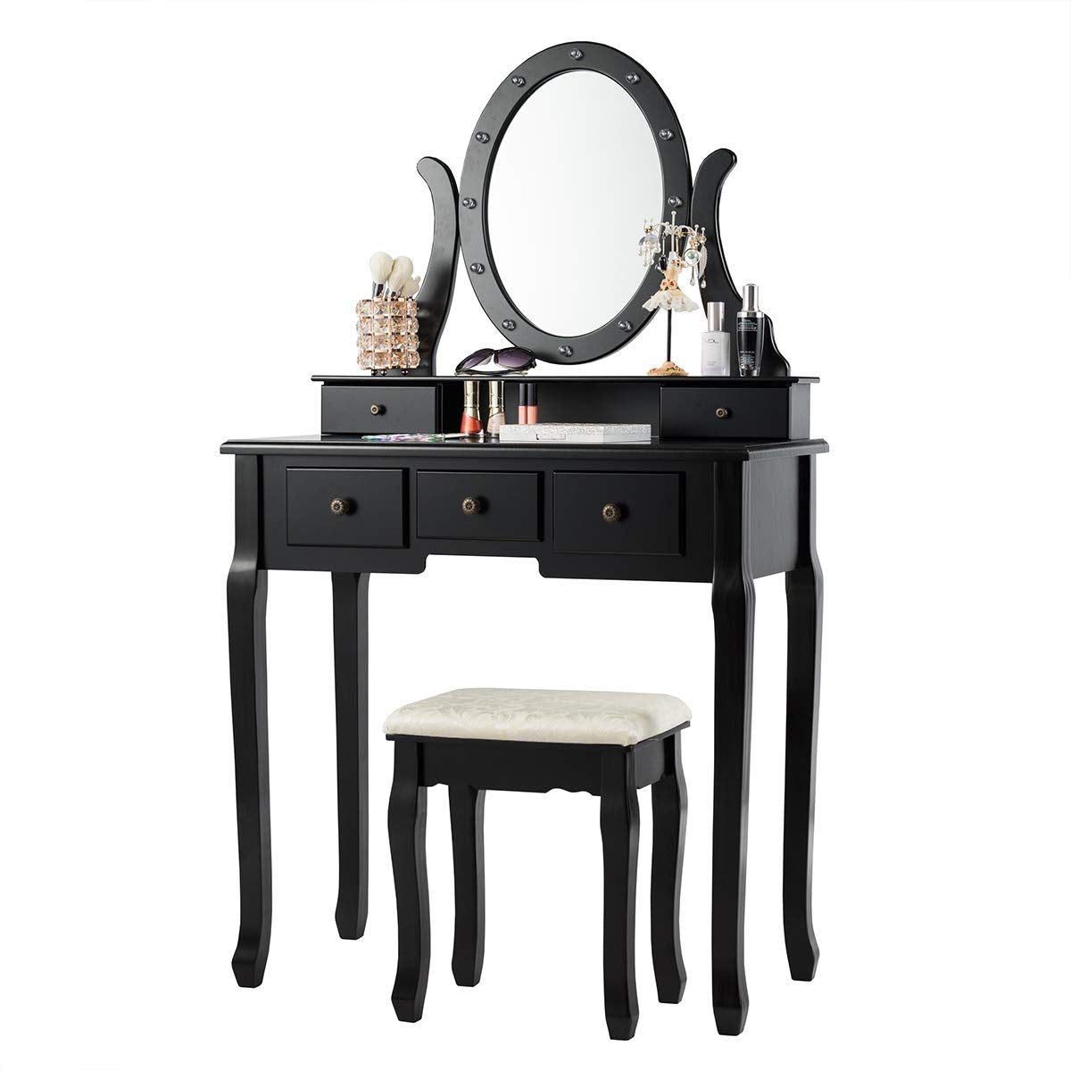 Vanity Set with 360° Rotating Oval Makeup Mirror, Dressing Table & Cushioned Stool Set with 5 Sliding Drawers & 12 LED Lights