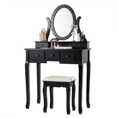 Vanity Set with 360° Rotating Oval Makeup Mirror, Dressing Table & Cushioned Stool Set with 5 Sliding Drawers & 12 LED Lights