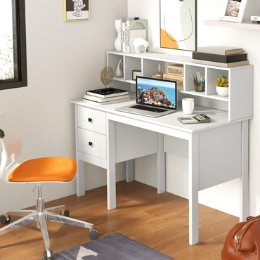 Goflame White Desk with Drawers and Power Outlet, 48" Home Office Computer Desk with 5-Cubby Hutch