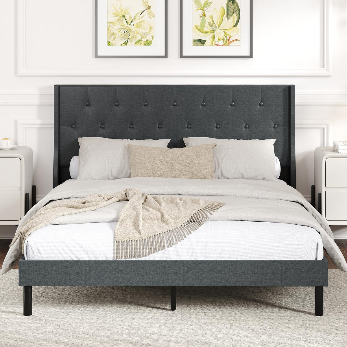 Goflame Queen Size Upholstered Bed Frame Linen Fabric Platform Bed with Button Tufted Wingback Headboard