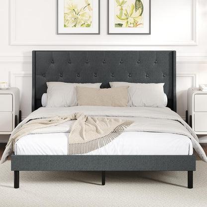 Goflame Queen Size Upholstered Bed Frame Linen Fabric Platform Bed with Button Tufted Wingback Headboard