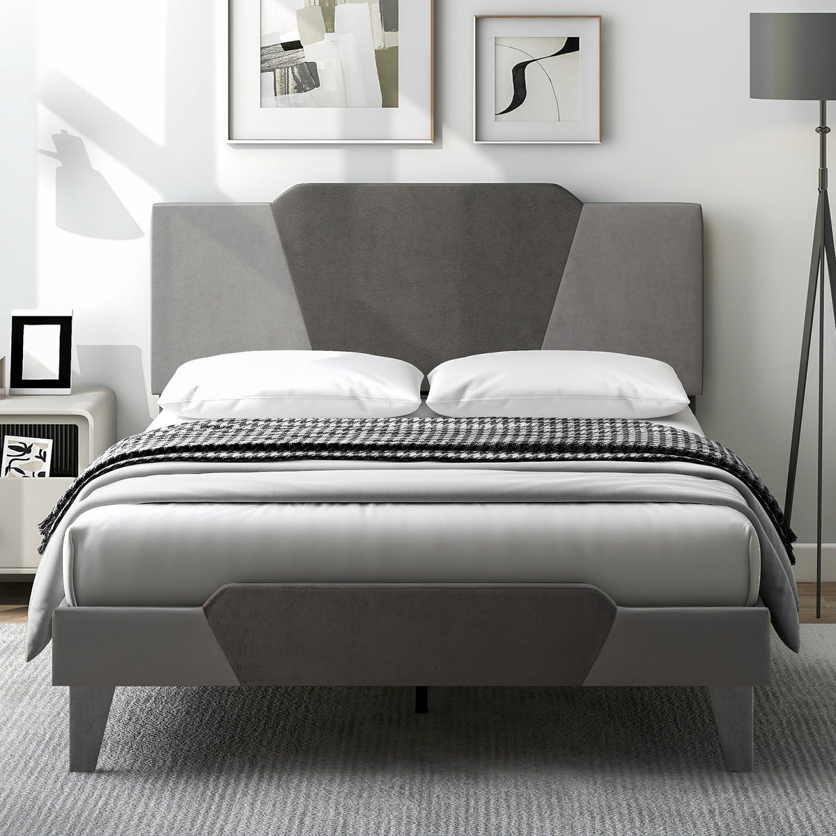 Goflame Queen/Full/Twin Size Velvet Upholstered Bed Frame with Headboard