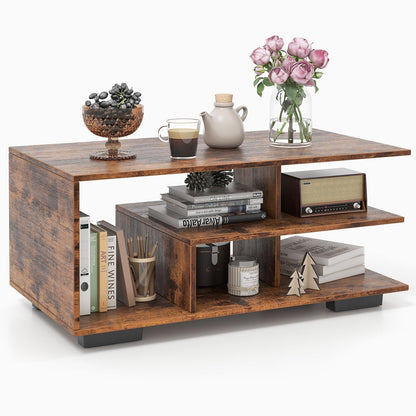 Goflame Coffee Table with Storage, Modern Rectangular Accent Table with L-shaped Middle Shelf