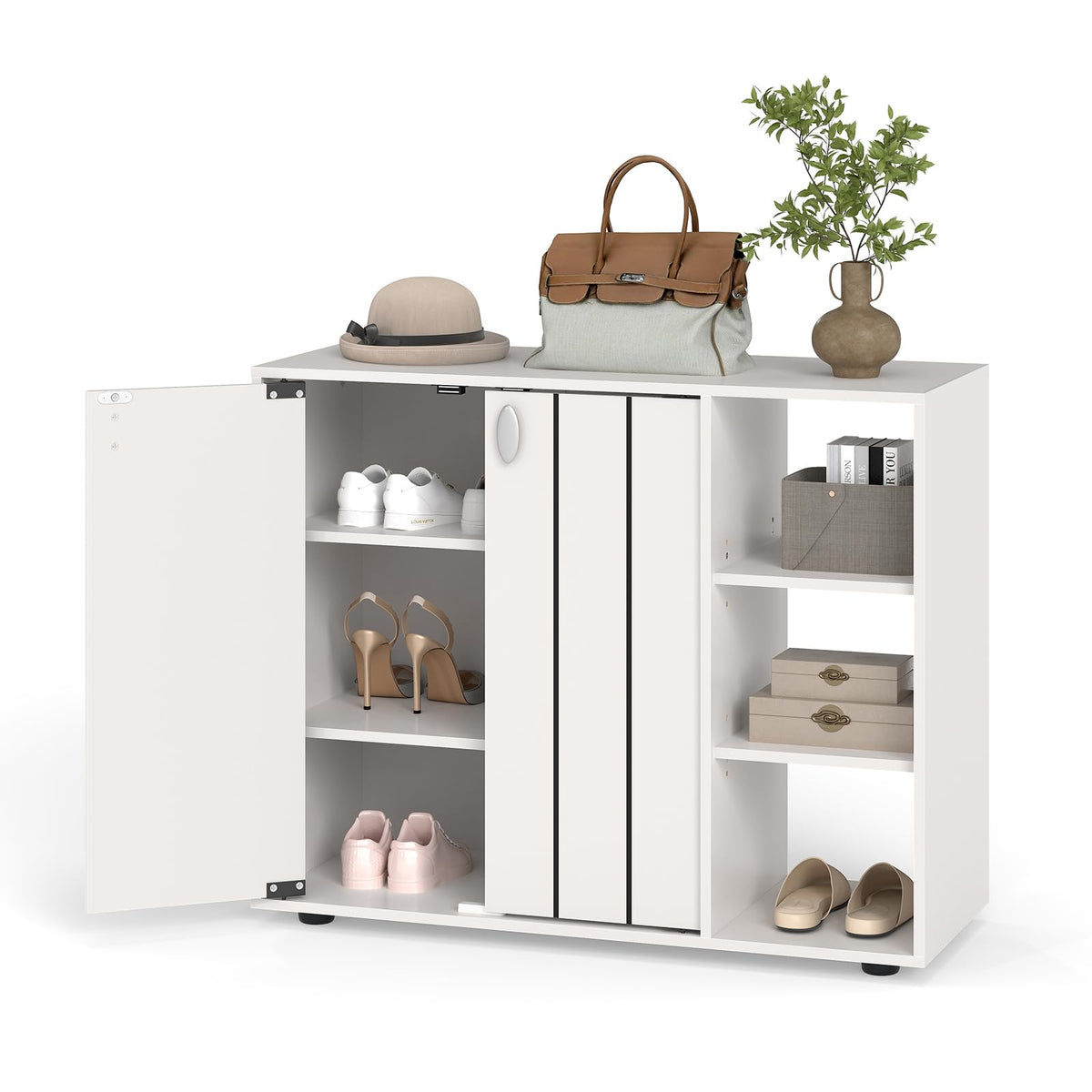 Goflame Wood Shoe Cabinet with Doors with 3-Level Adjustable Open Shelves