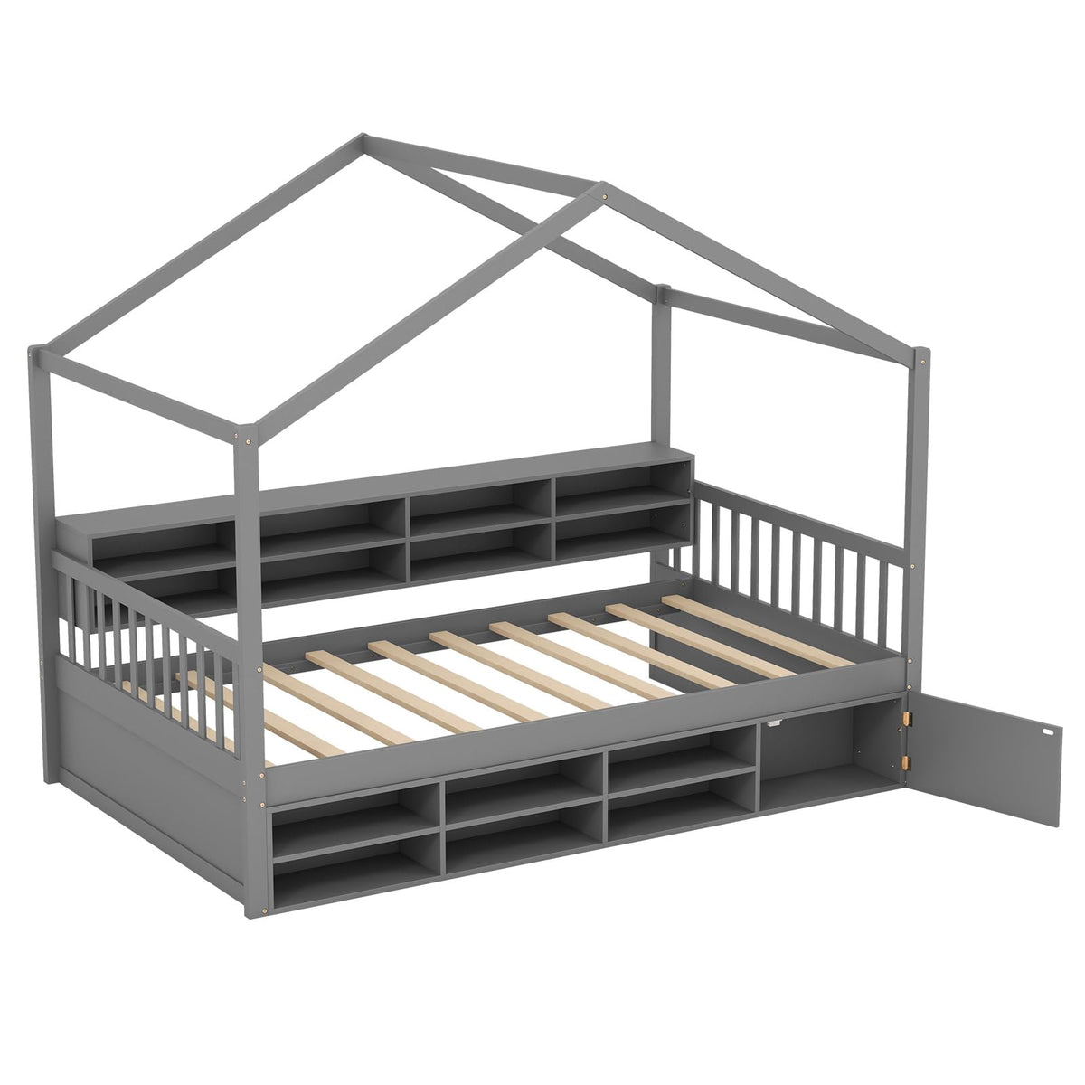 Goflame Twin Size House Bed with Storage, Wooden Montessori House Bed with 14 Storage Cubes