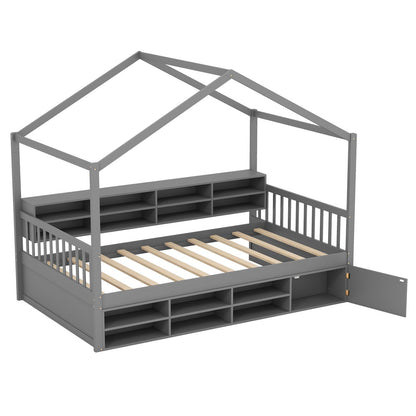 Goflame Twin Size House Bed with Storage, Wooden Montessori House Bed with 14 Storage Cubes