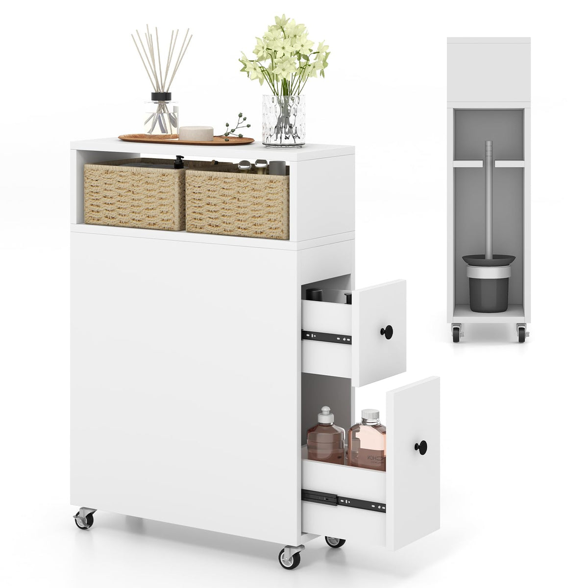 Goflame Small Bathroom Storage Cabinet - Slim Bathroom Organizer with Wheels, 2 Drawers, 2 Baskets