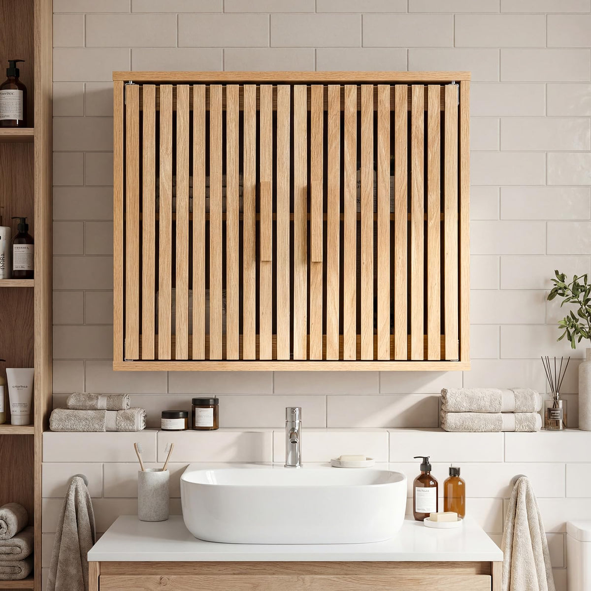 Goflame Wall Mounted Wooden Medicine Cabinet with 2 Slatted Doors