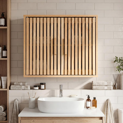 Goflame Wall Mounted Wooden Medicine Cabinet with 2 Slatted Doors