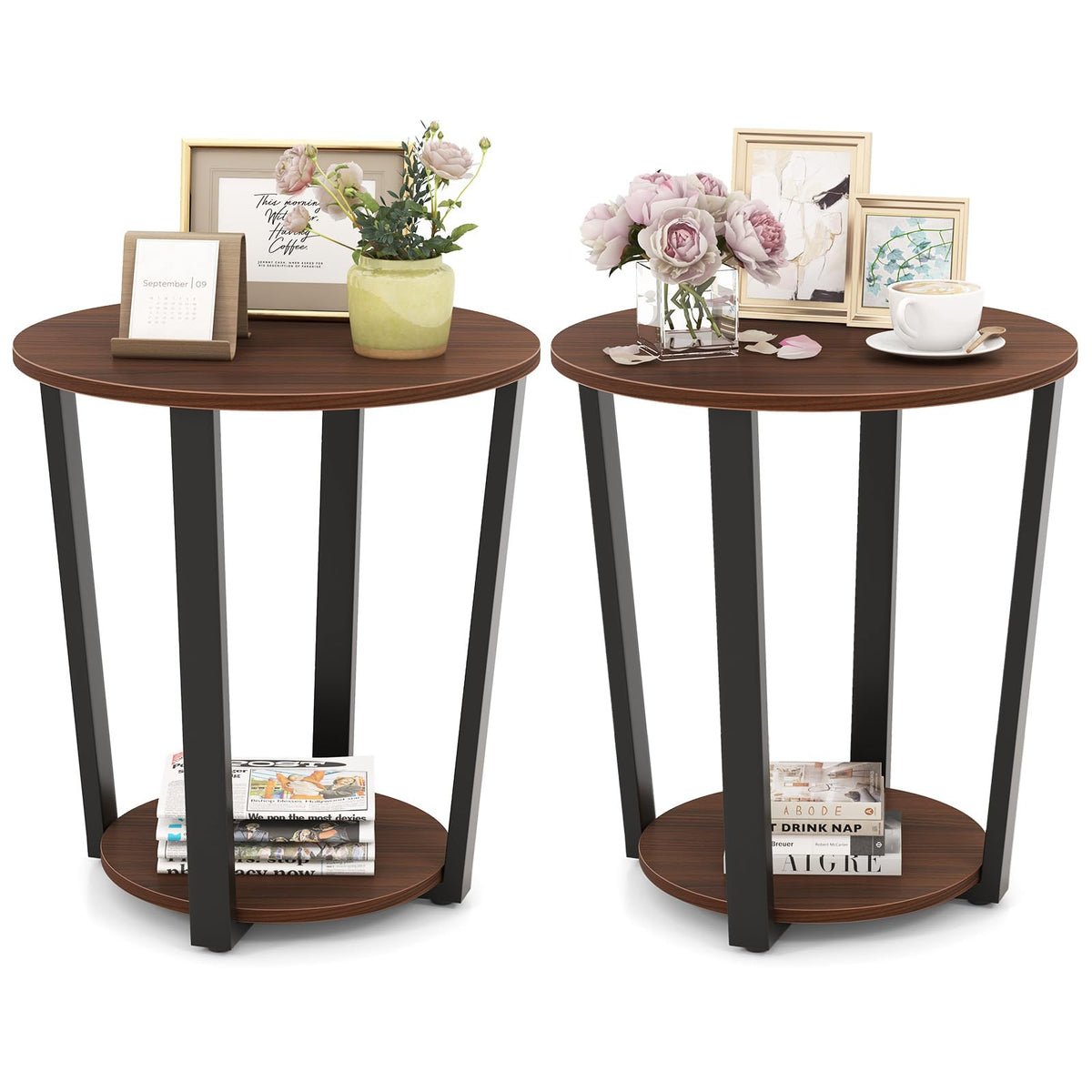 Goflame Round End Table Set of 1/2, 2-Tier Side Sofa Table with Open Storage Shelf and Metal Frame