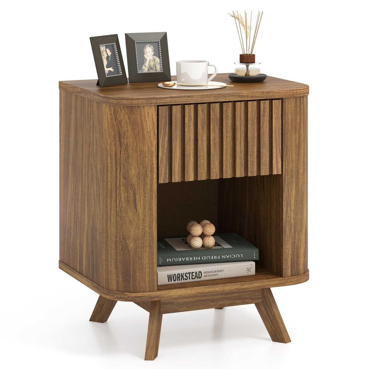 Goflame Mid Century Modern Nightstand Set of 1/2 Fluted Bedside Table
