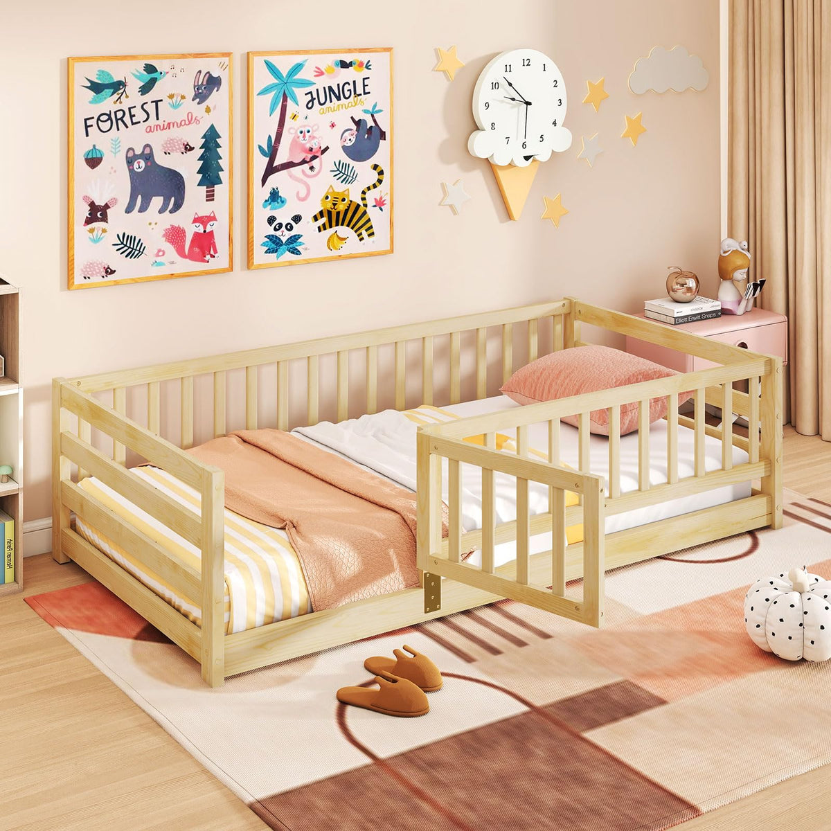 Goflame Twin Floor Bed with High Fence & Door