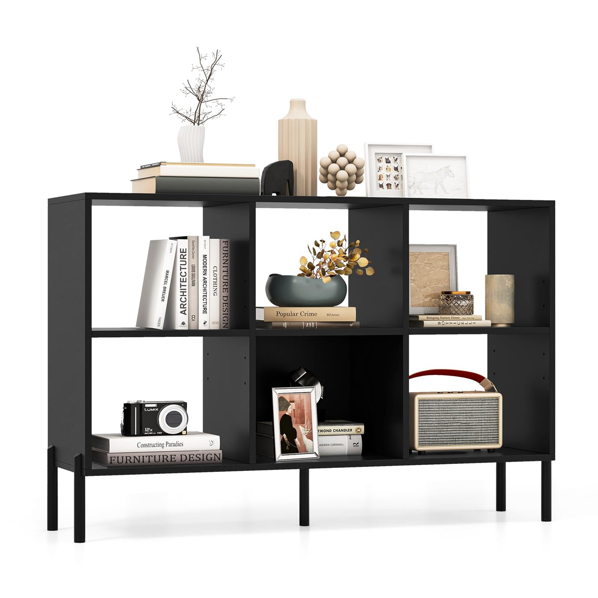 Goflame 6 Cube Bookcase, 3-Tier 47" Long Wood Bookshelf w/ 5 Metal Legs, Adjustable Shelf, Anti-toppling Device