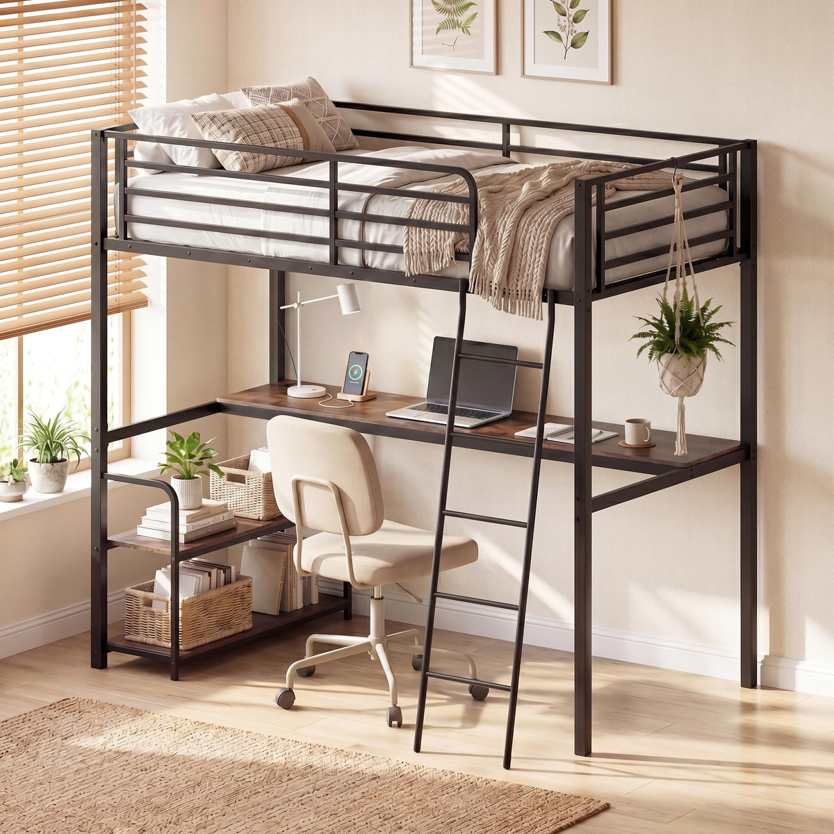 Goflame Twin Loft Bed with Desk & Charging Station