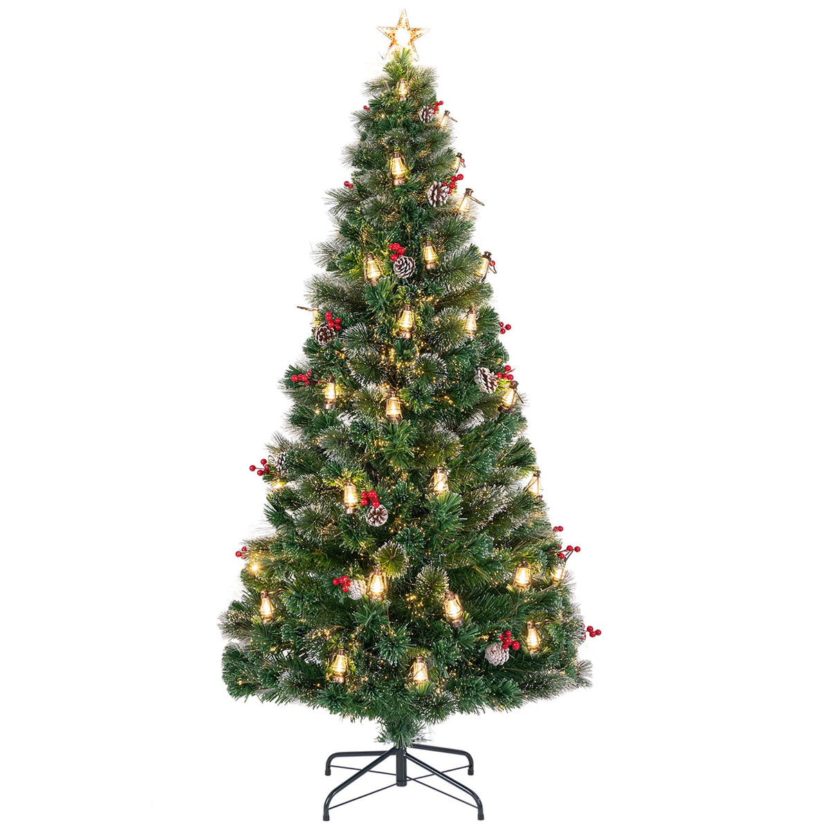 Goflame Pre-Lit Fiber Optic Christmas Tree, Artificial Snowy Xmas Tree with Warm White LED Lights