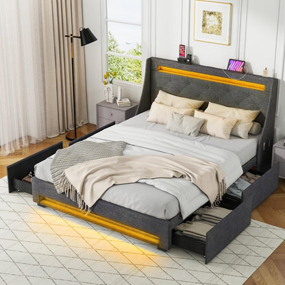 Goflame Full Size Bed Frame with LED Lights & Charging Station, Upholstered Platform Bed with Wingback Headboard