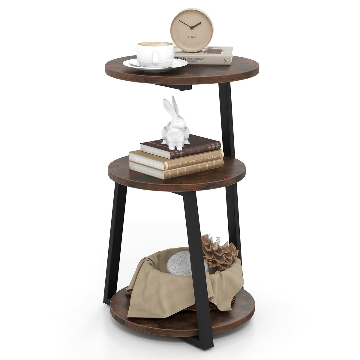 Goflame Round End Table, Industrial Side Table with Sturdy Metal Frame, Coffee Table, 3-Tier Bedside Table for Bedroom, Living Room