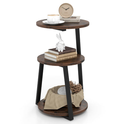 Goflame Round End Table, Industrial Side Table with Sturdy Metal Frame, Coffee Table, 3-Tier Bedside Table for Bedroom, Living Room
