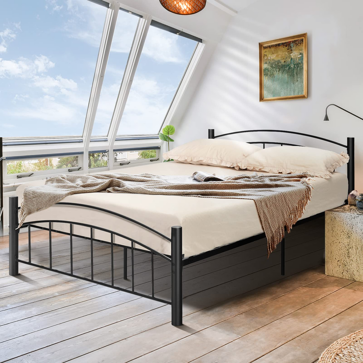 Queen/Full/Twin Size Black Modern Platform Bed with Headboard and Footboard | Metal Bed Frame