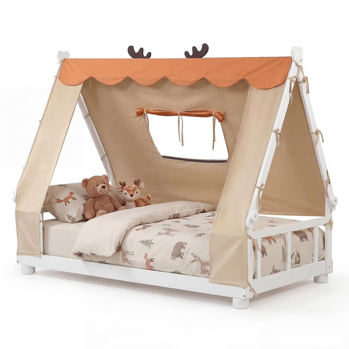 Goflame Twin Size House Floor Wood Bed with Tent
