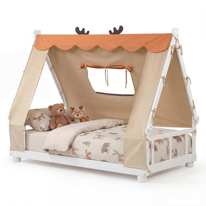 Goflame Twin Size House Floor Wood Bed with Tent