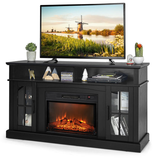 58" TV Stand with Electric Fireplace Insert, Fireplace Entertainment Center with Side Cabinets & Adjustable Shelves