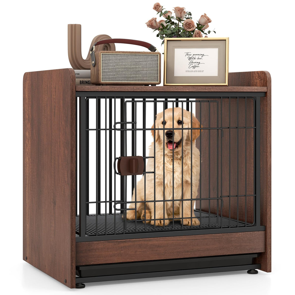 Goflame Dog Crate End Table - Wooden Dog Kennel Furniture with Removable Pull-Out Tray
