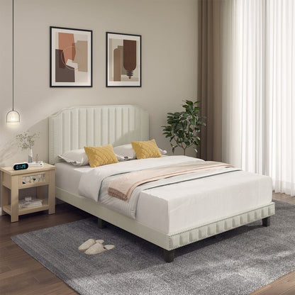 Goflame Queen/Full/Twin Size Upholstered Bed Frame, Linen Platform Bed w/Rivet Headboard, Heavy Duty Mattress Foundation