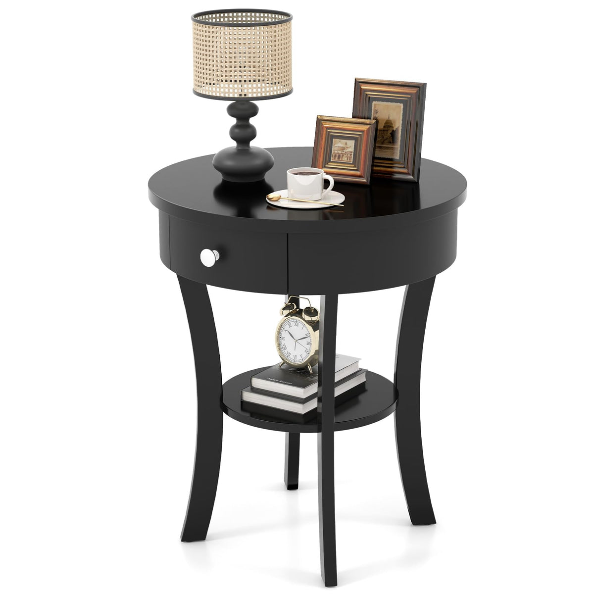 Goflame Round End Table with Drawer, 2-Tier Wood Side Table w/Open Shelf