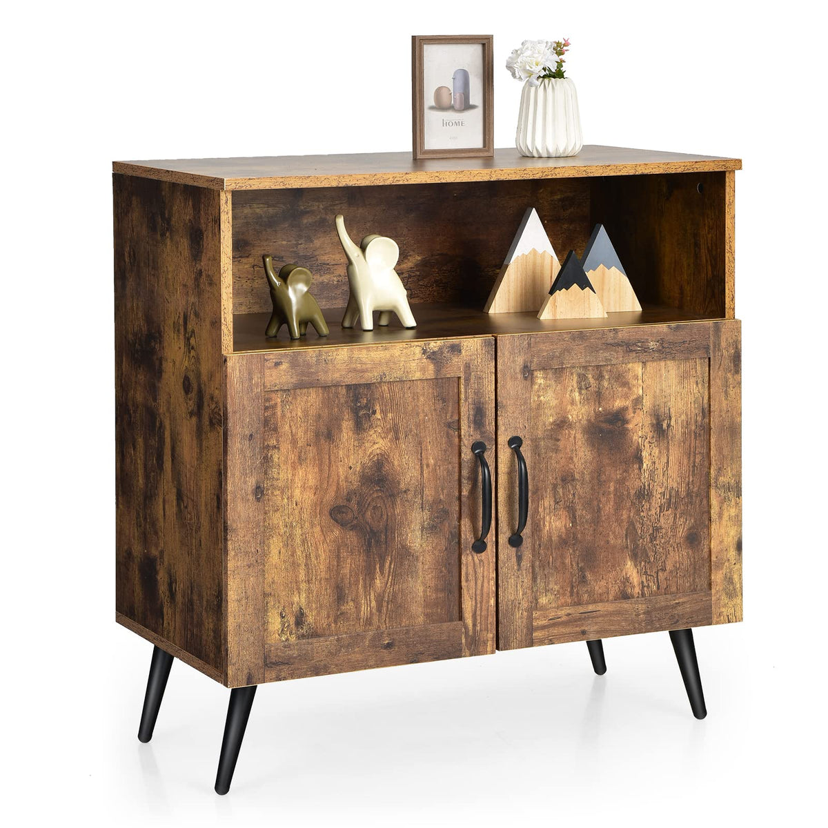 Goflame Mid-Century Storage Cabinet, Wooden Floor Cabinet with 2 Doors, Rustic Brown