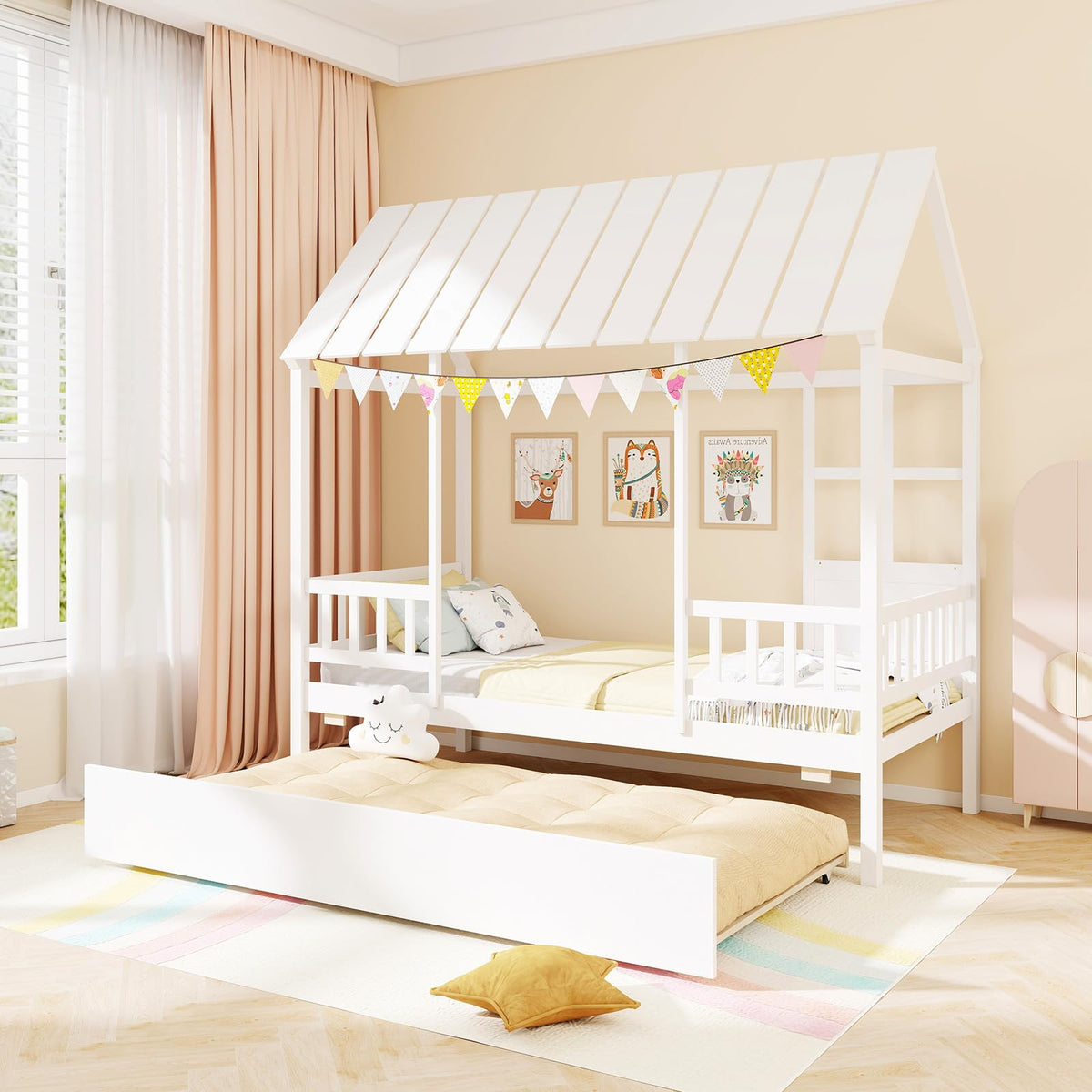 Goflame Twin House Bed with Trundle Bed Twin