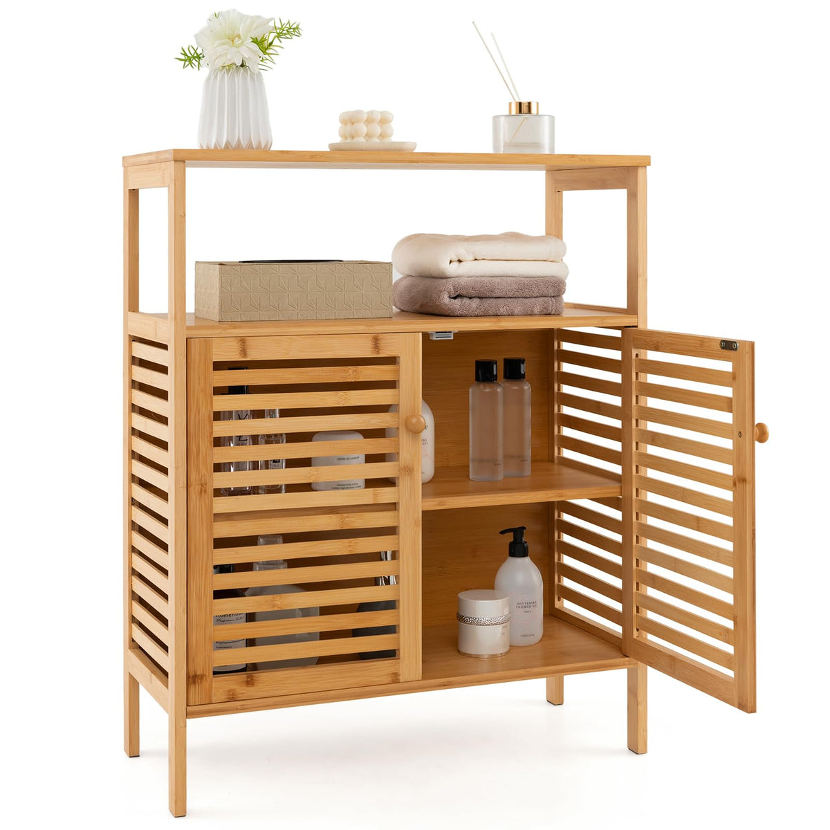 Goflame Storage Cabinet, Bamboo Bathroom Floor Cabinet with Double Louvered Doors
