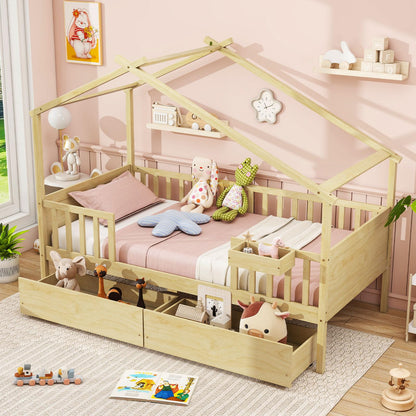 Goflame Twin House Bed with Drawers, Wooden Twin Bed Frame with Cube Storage & Fence Rails